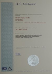 Nová certifikace ISO 9001 - Strojní vyšívání, výšivky, nášivky, laser, grafika ...
